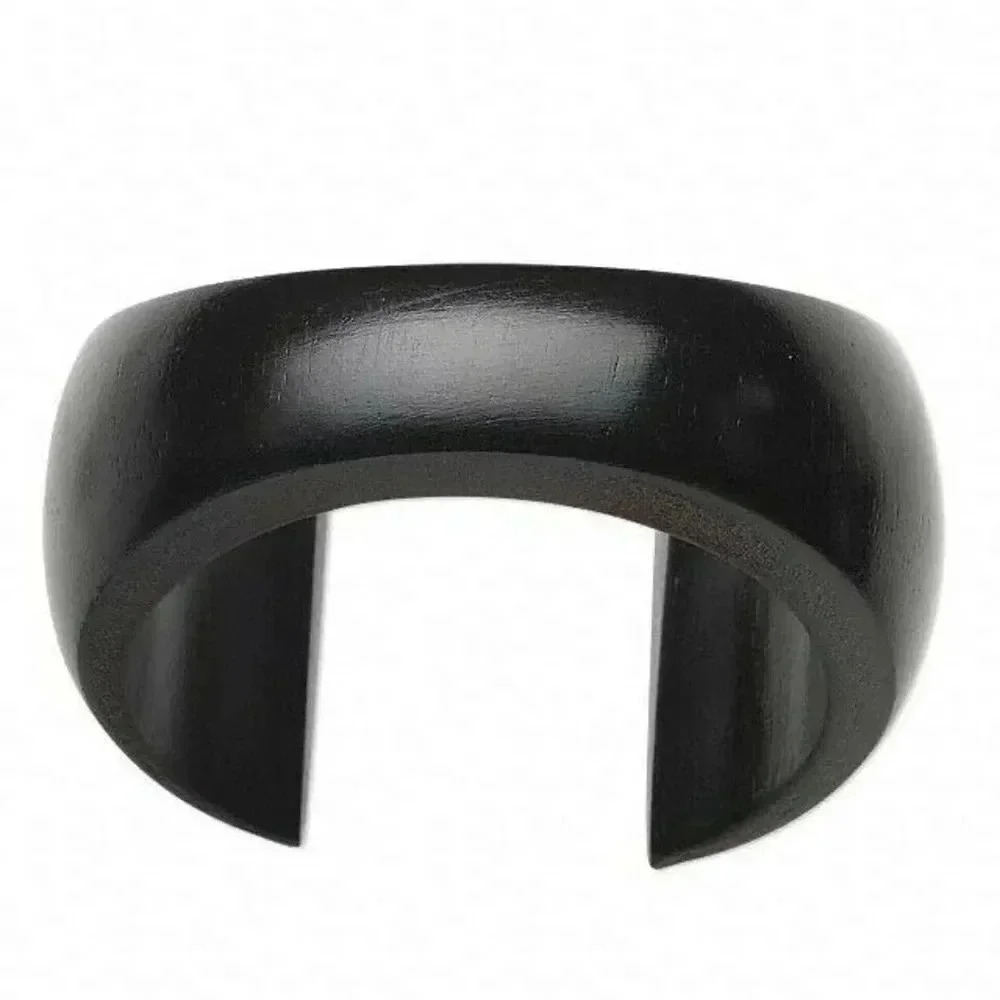 Chunky Modernist Curved Black Wood Wide Cuff Bracelet Avant Garde Euro Style